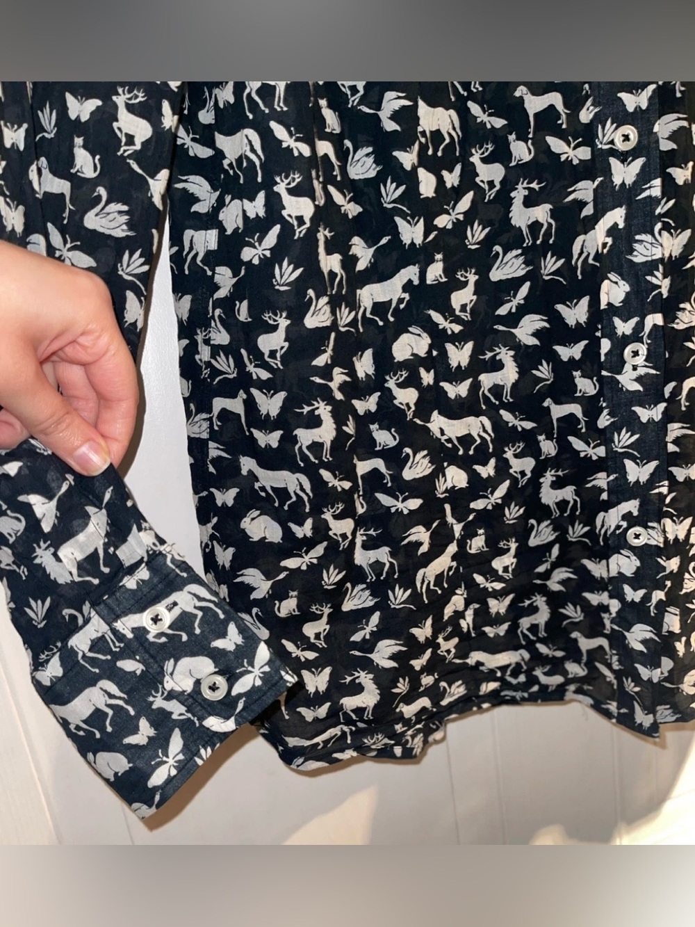 B.S Frankonia Black Sheer Cotton Button-Up Shirt Blouse with White Animal Print - Picture 5 of 11